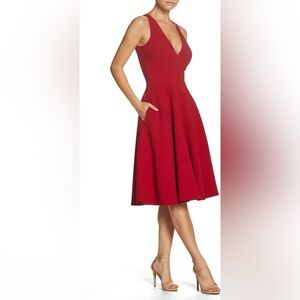 NWT Dress The Population Catalina Fit & Flare V-Neck Crepe Dress Garnet Red